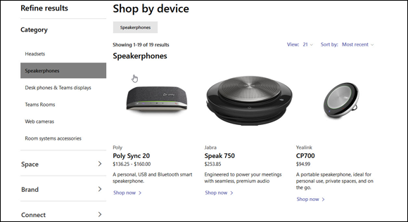 Snapshot of the featured speakerphones on the Microsoft product web page for Teams.