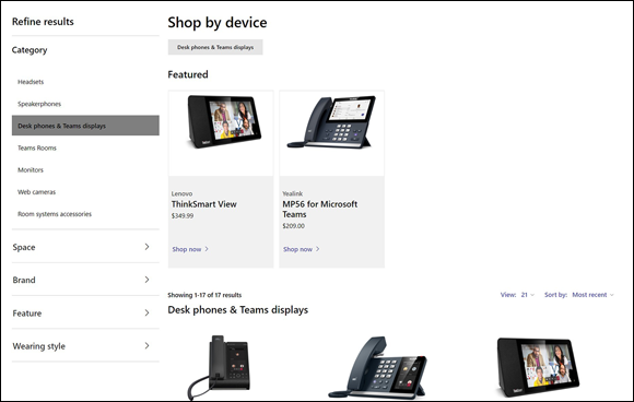 Snapshot of the featured desktop phones on the Microsoft product web page for Teams.