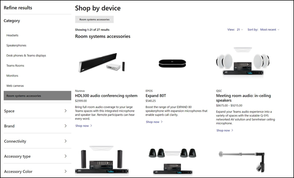 Snapshot of the featured room systems on the Microsoft product web page for Teams.