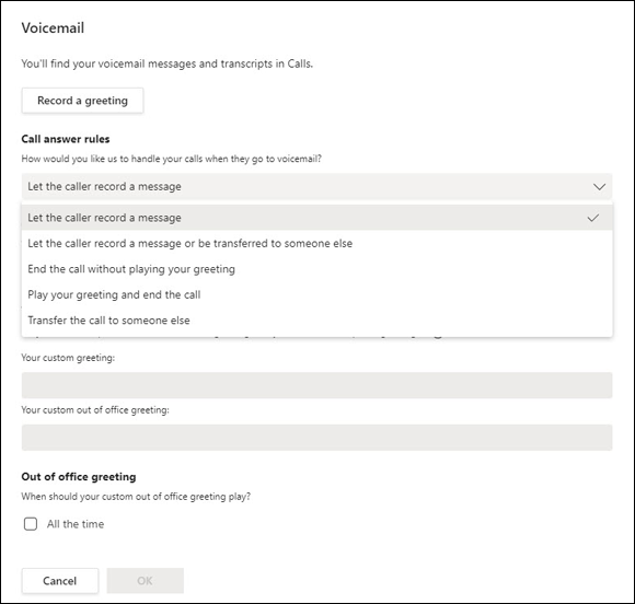 Snapshot of Call answering rules for voicemail.