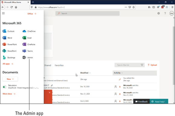 Snapshot of opening the Microsoft 365 Admin Center from the app launcher.