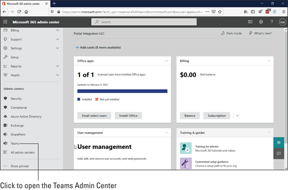 Snapshot of opening the Teams Admin Center from the Microsoft 365 Admin Center.