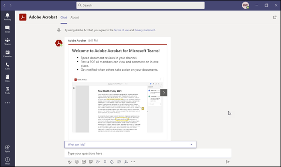 Snapshot of the Adobe Creative Cloud app in a Microsoft Teams chat.