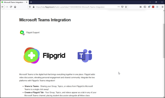 Snapshot of the FlipGrid help page explaining its app integration with Teams.