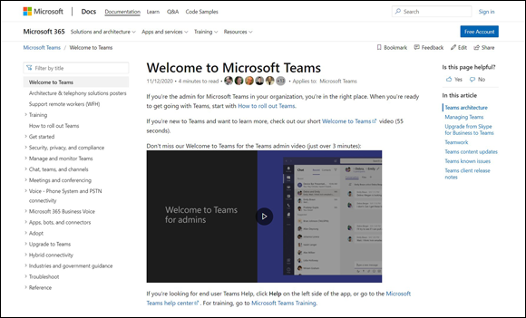 Snapshot of the Welcome to Microsoft Teams page on Microsoft Docs.