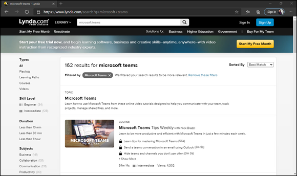Snapshot of searching for Microsoft Teams courses on Lynda.com.