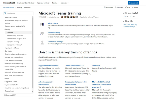 Snapshot of Microsoft Teams training on the docs.microsoft.com site.