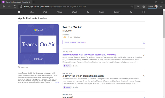 Snapshot of the Teams On Air podcast site.