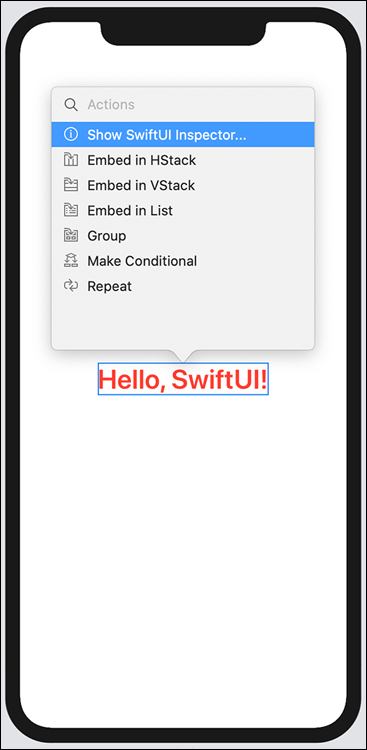 Screenshot of a pop-up on a mobile screen depicting the   SwiftUI Inspector.