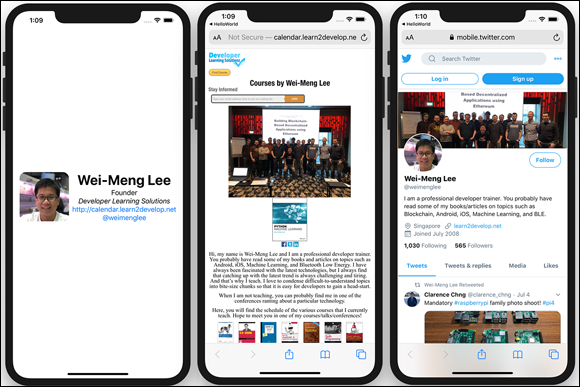 Screenshot of three mobile screens depicting the final name card with tappable buttons - the application (left), the Safari web browser displaying the URL (center), and the Twitter page (right).