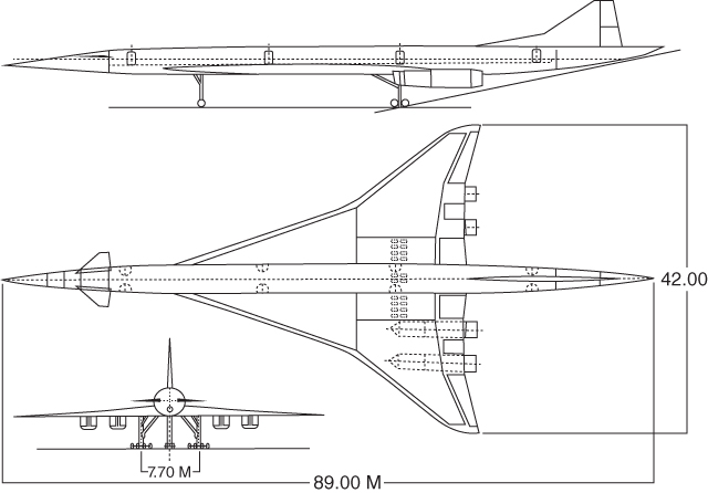 A three view drawing of one of the designs studied in the framework of the European Supersonic Commercial Transport (ESCT).