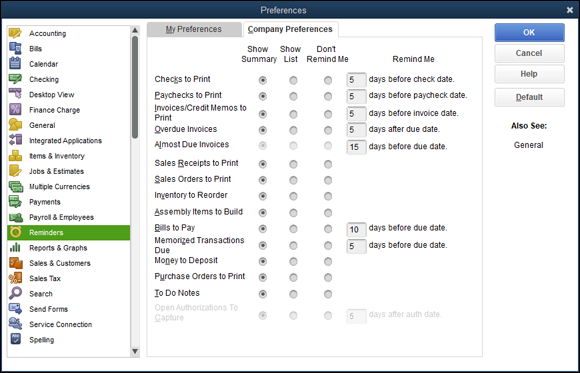 Screenshot of the Reminders section of the Preferences dialog box to select the Show Summary or Show List option button, to give yourself several days’ notice before paying a bill.