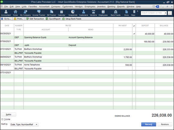 Screenshot depicting how the check that pays a bill looks in the Big National Bank account register.