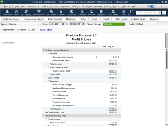 Screenshot displaying a standard profit and loss report, or an income statement of a company, from January through August 2021.