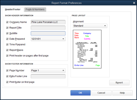 Screenshot of the Report Format Preferences dialog box to use the Header/Footer tab to choose preferences for displaying the company name, the report title, the subtitle, and so on.