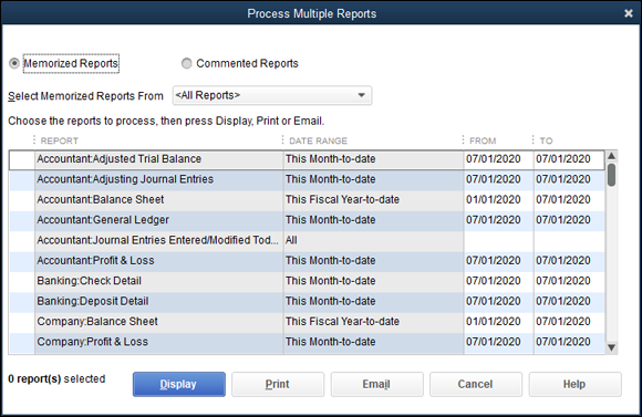 Screenshot of the Process Multiple Reports dialog box to select the reports that you want to print or display.