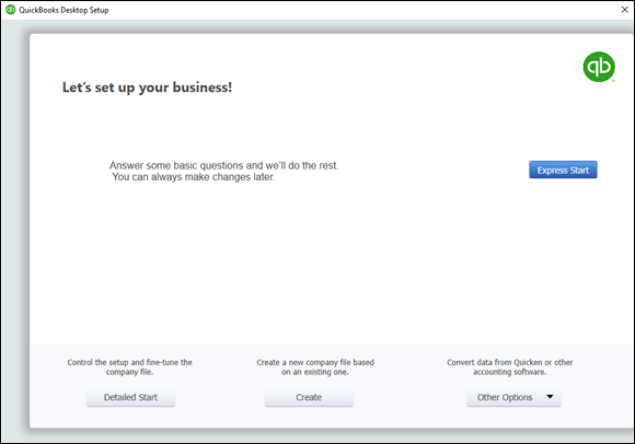 Snapshot of the QuickBooks Setup window, showing the welcome message.