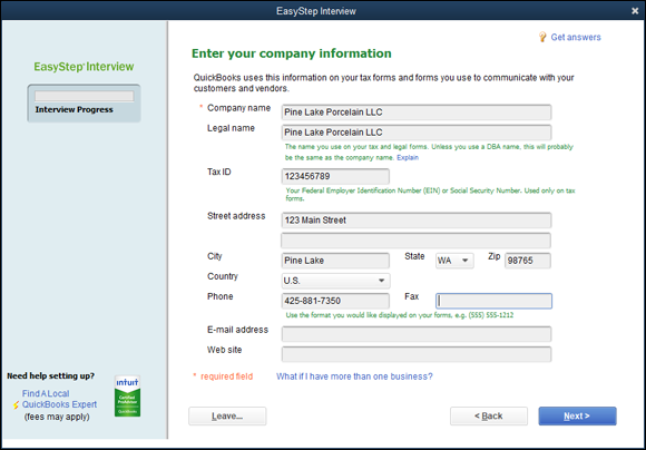 Snapshot of the first screen of the EasyStep Interview collects general company information.