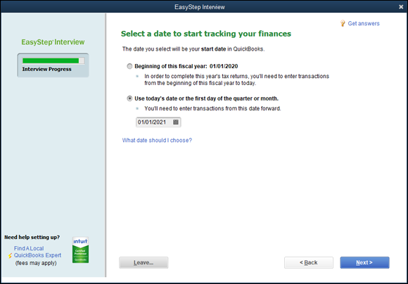 Snapshot of the EasyStep Interview dialog box that lets you select the start date.