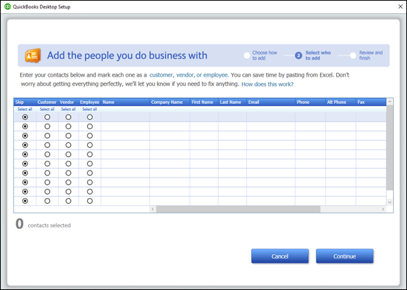 Snapshot of the QuickBooks Setup screen that collects information about the people you do business with.