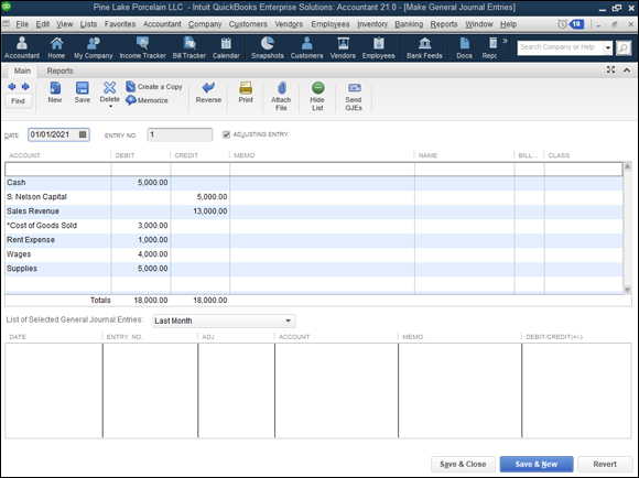 Snapshot of the Make General Journal Entries window, showing a simple trial balance.