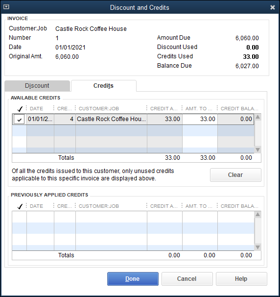 Snapshot of the Discount and Credits dialog box.