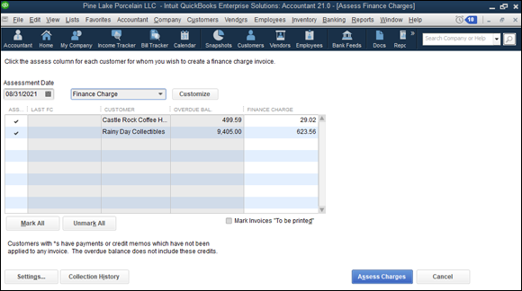 Snapshot of the Assess Finance Charges dialog box.