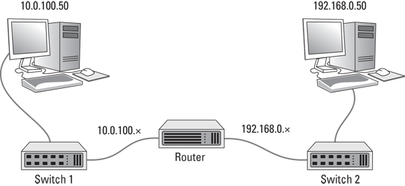 Schematic illustration of two IP networks connected by a router.