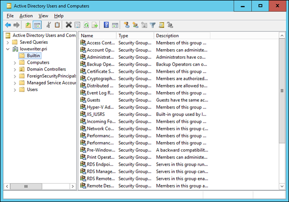 Snapshot of Managing Active Directory Users and Computers.