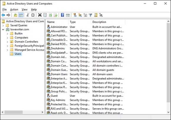 Snapshot of Objects displayed by the Active Directory Manager console.