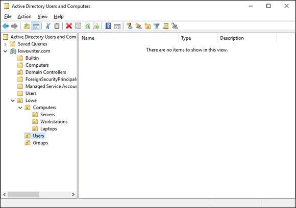 Snapshot of the Active Directory Users and Computers management console.