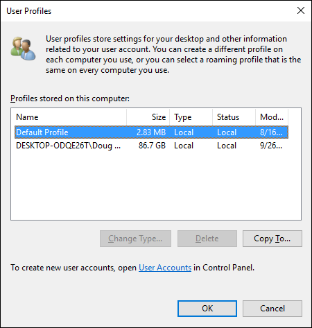 Snapshot of the User Profiles dialog box.