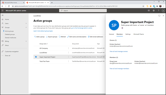 Snapshot of a Microsoft 365 Group created for a team.