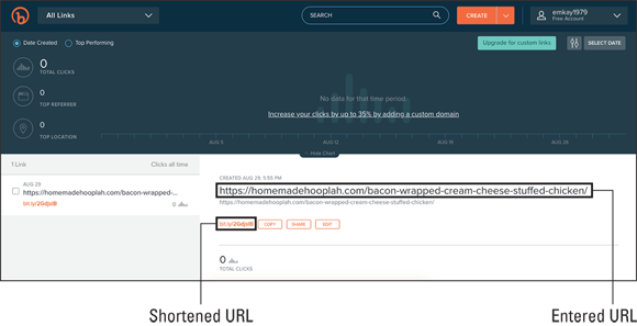 Snapshot of entering a long URL at Bitly and receive a shortened URL in return.
