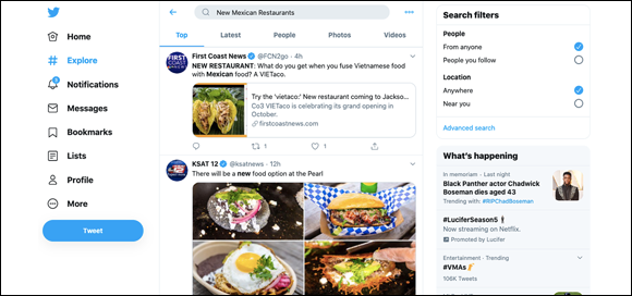Snapshot of the results page from a simple Twitter search for New Mexican Restaurants.