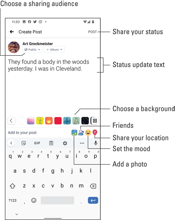 Illustration the Create Post screen, where you can type your musings as well as perform other activities, for updating your Facebook status.