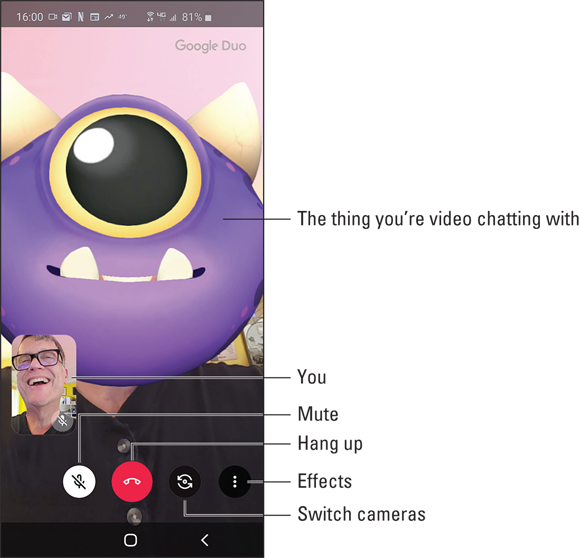 Illustration of a video chat with Duo, depicting a funny visual effect added in the background.
