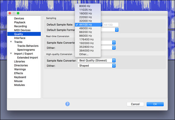 Photo depicts of changing your audio sampling rate in Audacity.