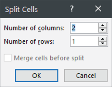 Snapshot of the Split Cells dialog box.