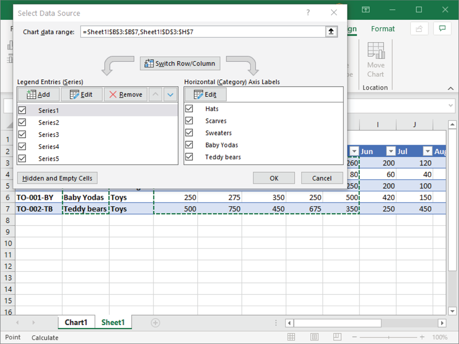 Snapshot of the Select Data Source dialog box and selected table cells.
