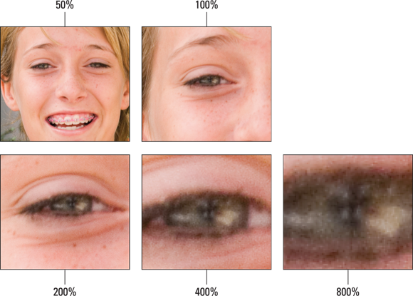 Photos depict a photo of a boy viewed at different zoom levels.