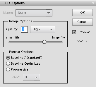 Snapshot of choosing the amount of compression you want to apply to the saved image, when saving in JPEG FORMAT.