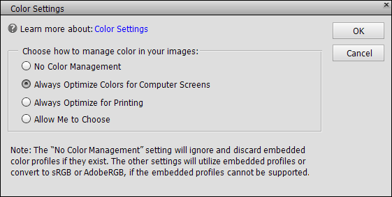 Snapshot of the color settings dialog box.