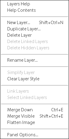 Snapshot of the Layers panel pop-up menu.