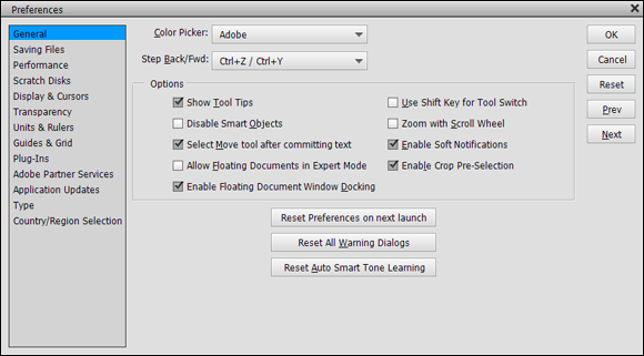 Snapshot of the General pane in the Preferences dialog box.