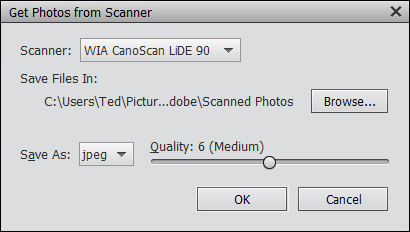 Snapshot of making choices in the Get Photos from Scanner dialog box and click OK.