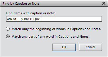 Snapshot of finding by Caption or Note dialog box, specify search criteria.