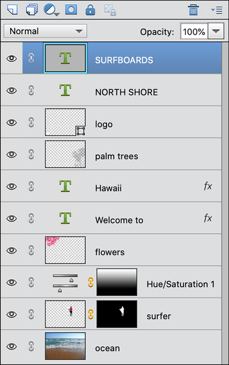 Snapshot of the layers panel controlling layers in your image.