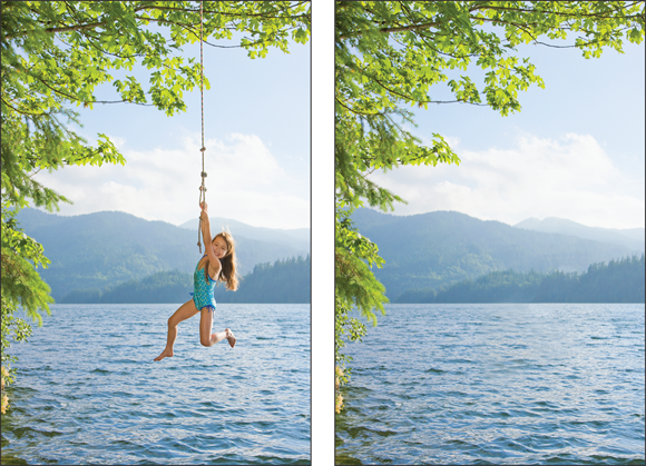Photos depict eliminating kids on swings and other objects with the Content-Aware option.