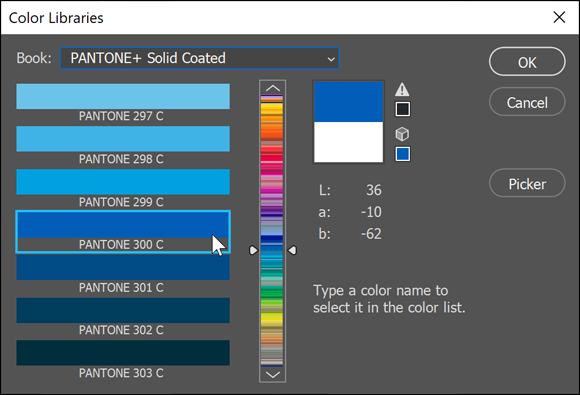 Snapshot of the Color Library dialog box, type a Pantone number in quickly, for instance 3-0-0 for PMS 300; there is no text field.